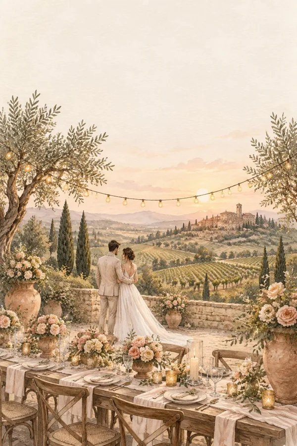 An illustrated Italian garden wedding invitation